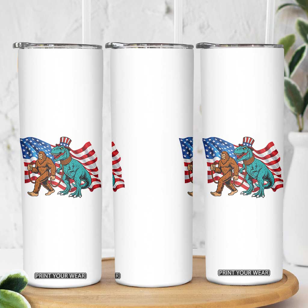 Funny Patriotic Skinny Tumbler Bigfoot Walking Dinosaur With USA Flag TS12 Print Your Wear