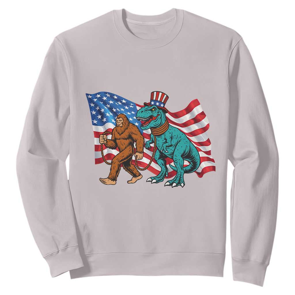 Funny Patriotic Sweatshirt Bigfoot Walking Dinosaur With USA Flag TS12 Ice Gray Print Your Wear