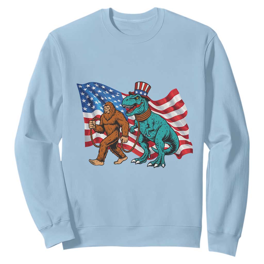 Funny Patriotic Sweatshirt Bigfoot Walking Dinosaur With USA Flag TS12 Light Blue Print Your Wear