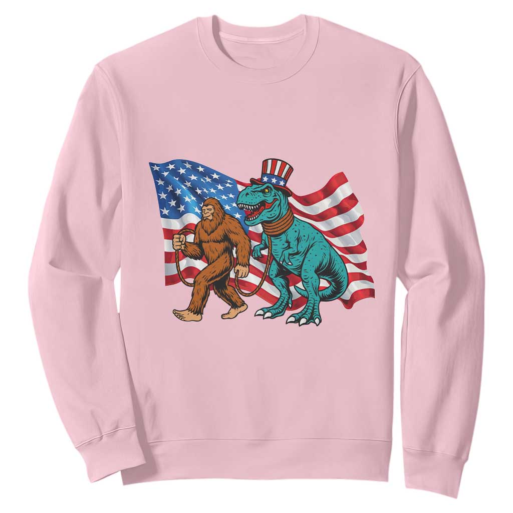 Funny Patriotic Sweatshirt Bigfoot Walking Dinosaur With USA Flag TS12 Light Pink Print Your Wear