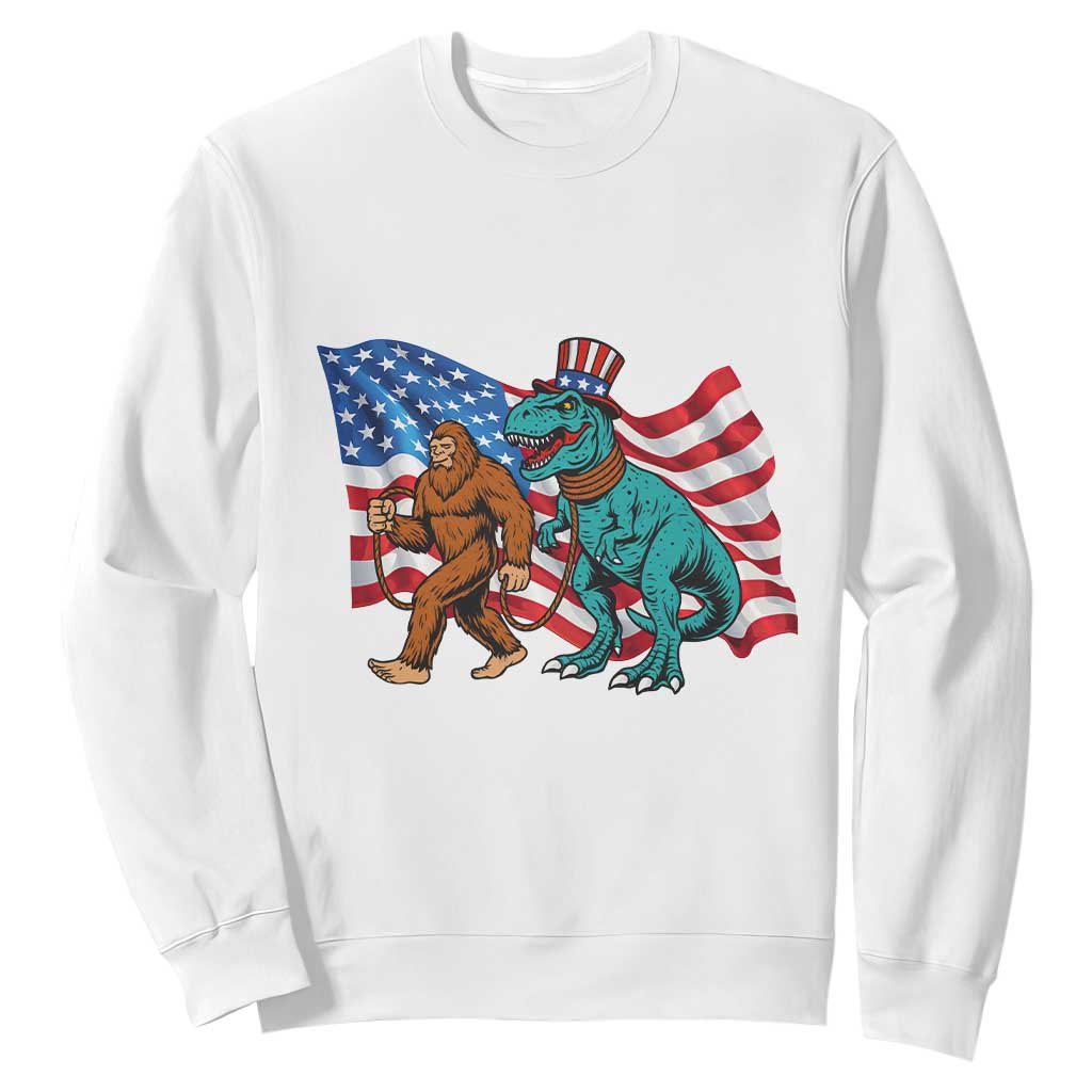 Funny Patriotic Sweatshirt Bigfoot Walking Dinosaur With USA Flag TS12 White Print Your Wear