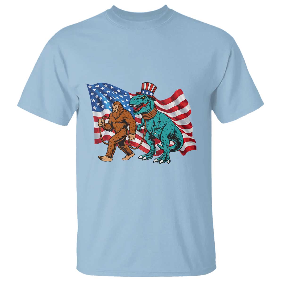 Funny Patriotic T Shirt Bigfoot Walking Dinosaur With USA Flag TS12 Light Blue Print Your Wear