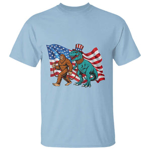Funny Patriotic T Shirt Bigfoot Walking Dinosaur With USA Flag TS12 Light Blue Print Your Wear