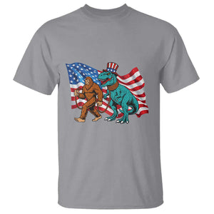 Funny Patriotic T Shirt Bigfoot Walking Dinosaur With USA Flag TS12 Sport Gray Print Your Wear