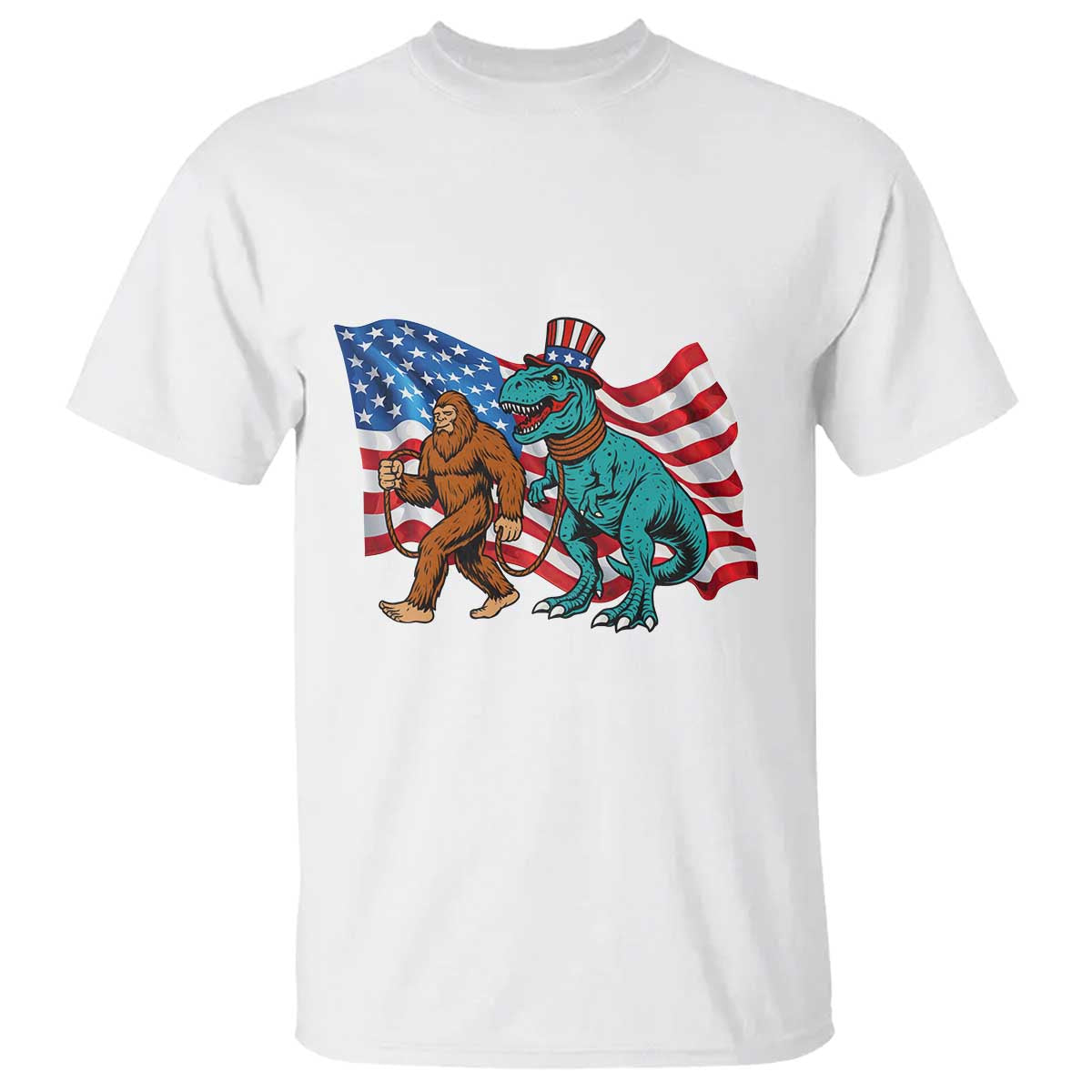 Funny Patriotic T Shirt Bigfoot Walking Dinosaur With USA Flag TS12 White Print Your Wear