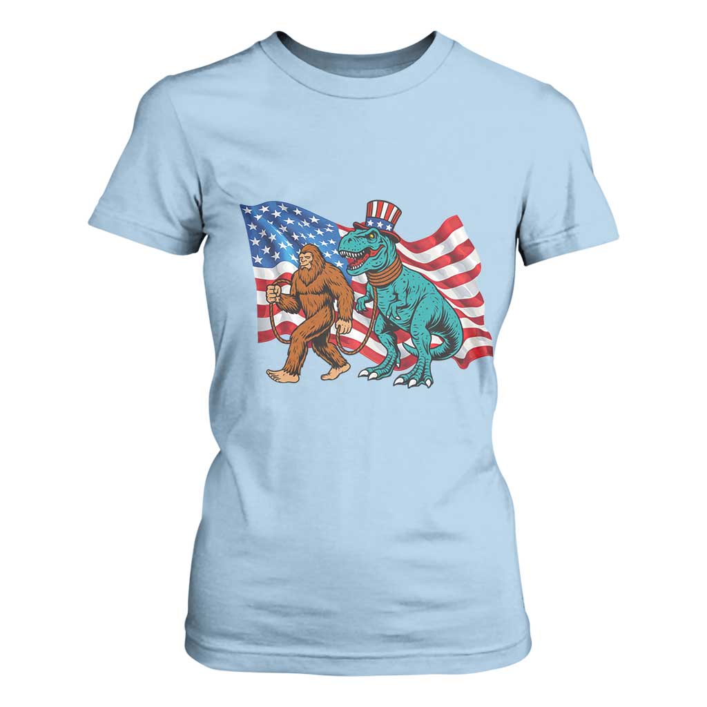 Funny Patriotic T Shirt For Women Bigfoot Walking Dinosaur With USA Flag TS12 Light Blue Print Your Wear