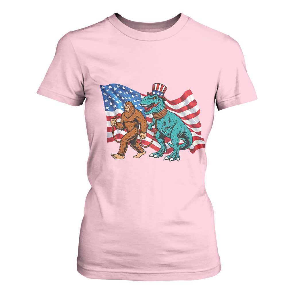 Funny Patriotic T Shirt For Women Bigfoot Walking Dinosaur With USA Flag TS12 Light Pink Print Your Wear