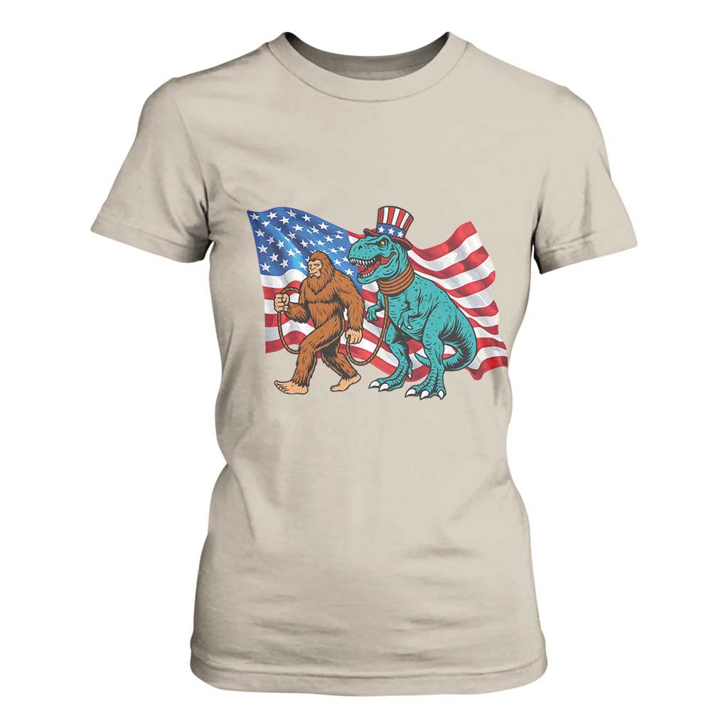 Funny Patriotic T Shirt For Women Bigfoot Walking Dinosaur With USA Flag TS12 Sand Print Your Wear