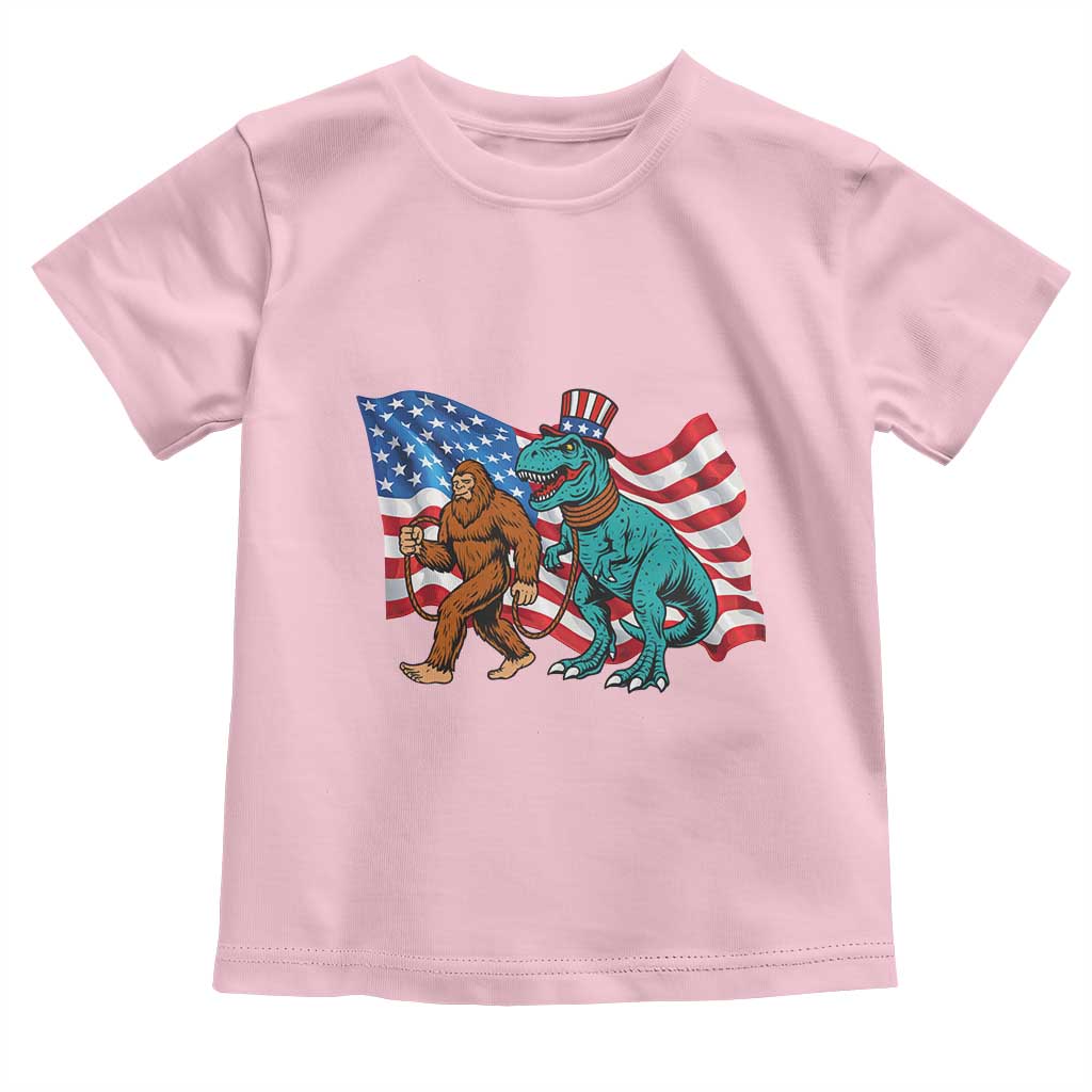 Funny Patriotic Toddler T Shirt Bigfoot Walking Dinosaur With USA Flag TS12 Light Pink Print Your Wear