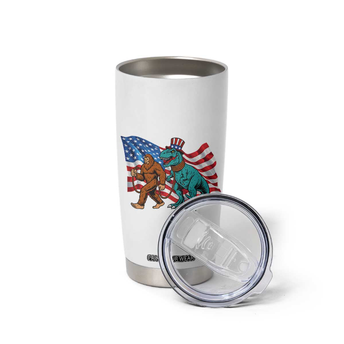 Funny Patriotic Tumbler Cup Bigfoot Walking Dinosaur With USA Flag TS12 Print Your Wear