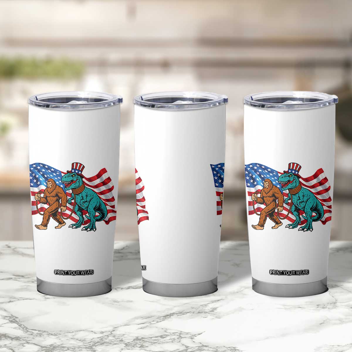 Funny Patriotic Tumbler Cup Bigfoot Walking Dinosaur With USA Flag TS12 Print Your Wear