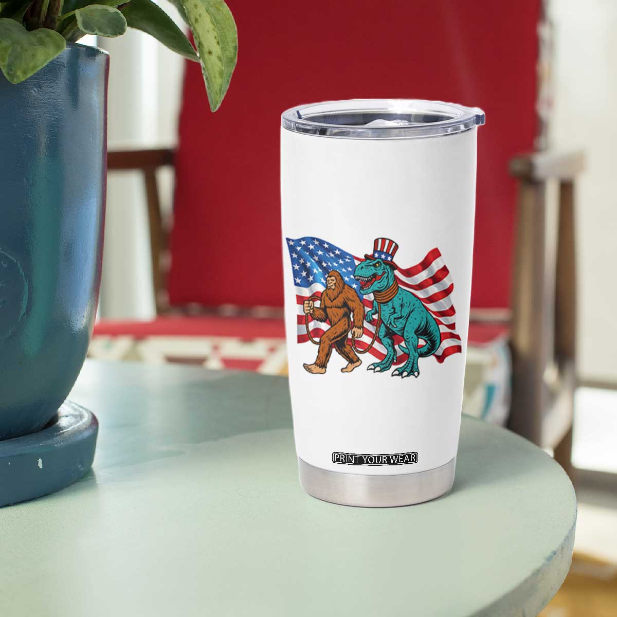 Funny Patriotic Tumbler Cup Bigfoot Walking Dinosaur With USA Flag TS12 Print Your Wear