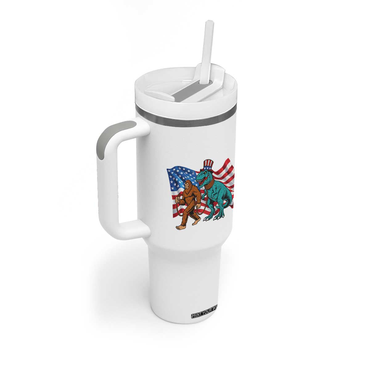 Funny Patriotic Tumbler With Handle Bigfoot Walking Dinosaur With USA Flag TS12 Print Your Wear