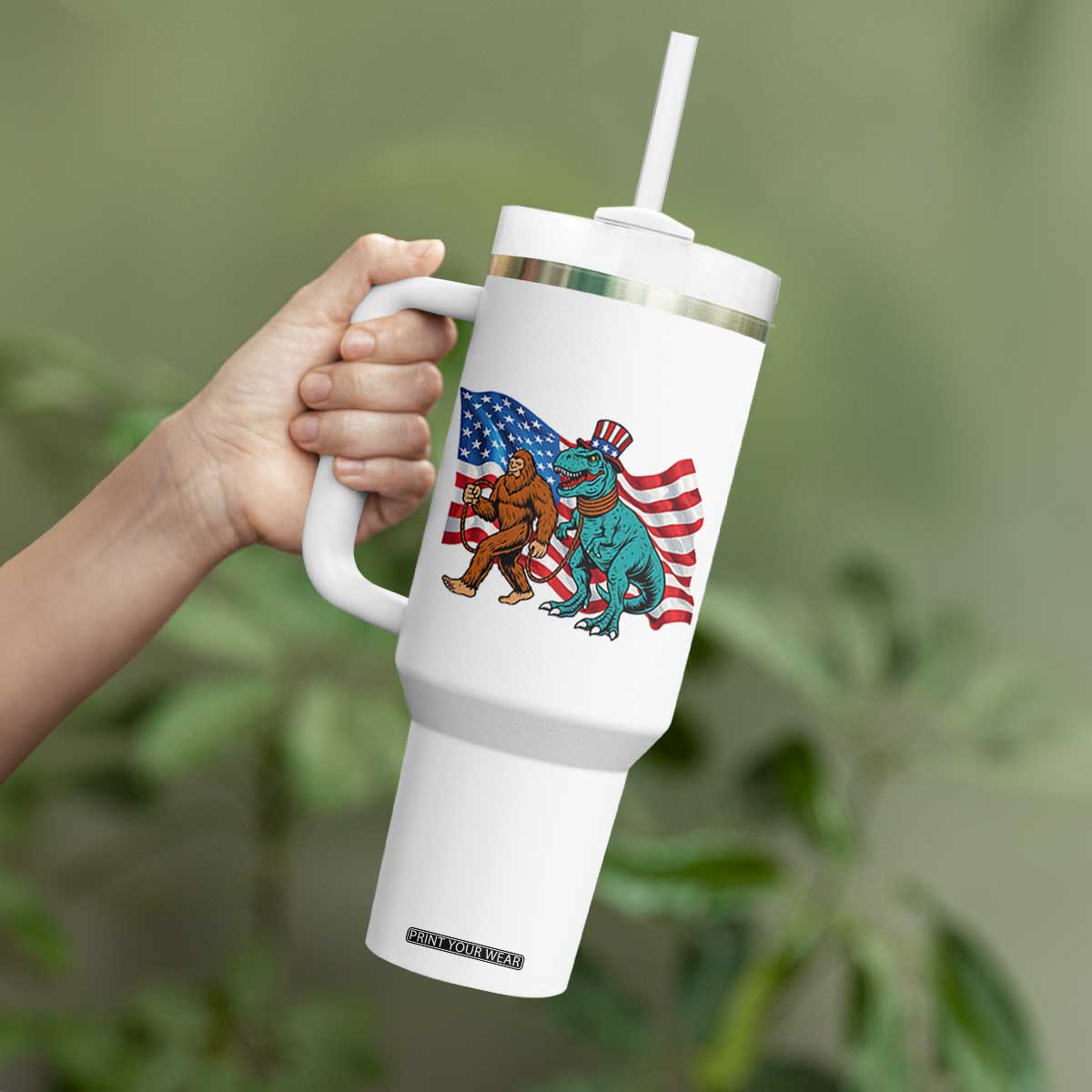 Funny Patriotic Tumbler With Handle Bigfoot Walking Dinosaur With USA Flag TS12 Print Your Wear