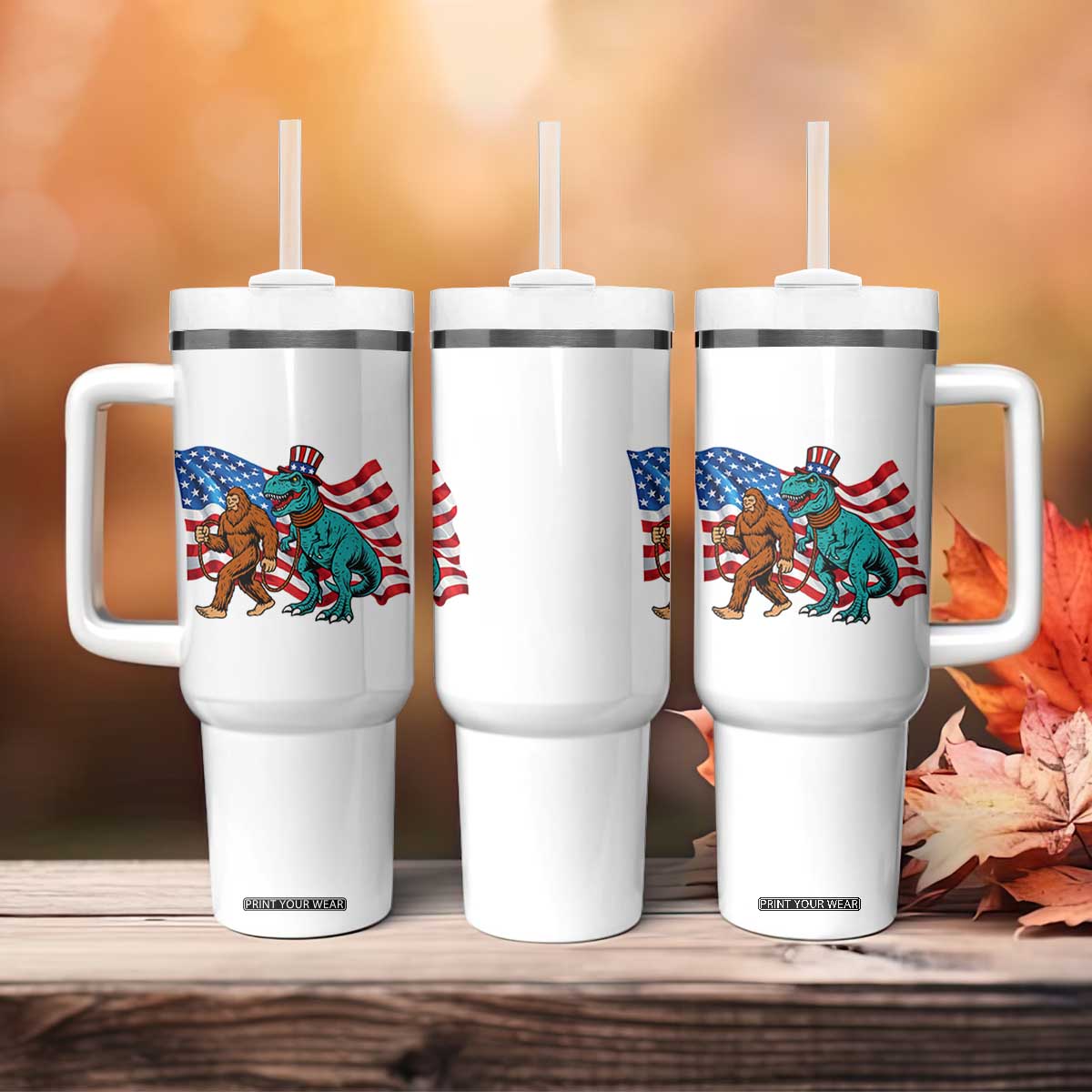 Funny Patriotic Tumbler With Handle Bigfoot Walking Dinosaur With USA Flag TS12 Print Your Wear