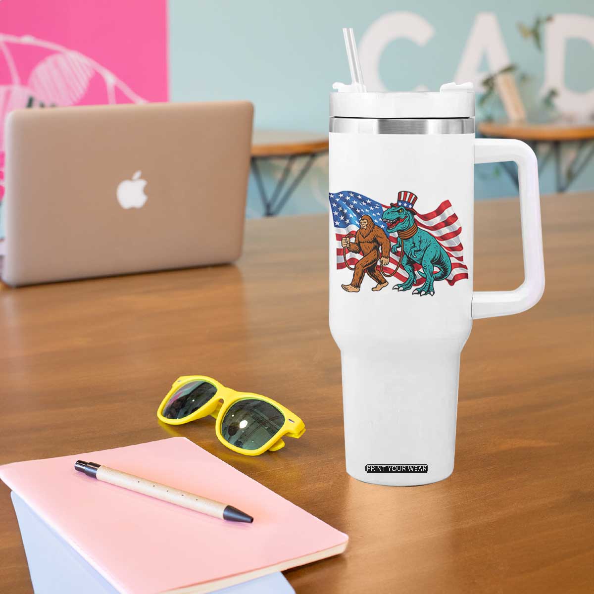 Funny Patriotic Tumbler With Handle Bigfoot Walking Dinosaur With USA Flag TS12 Print Your Wear