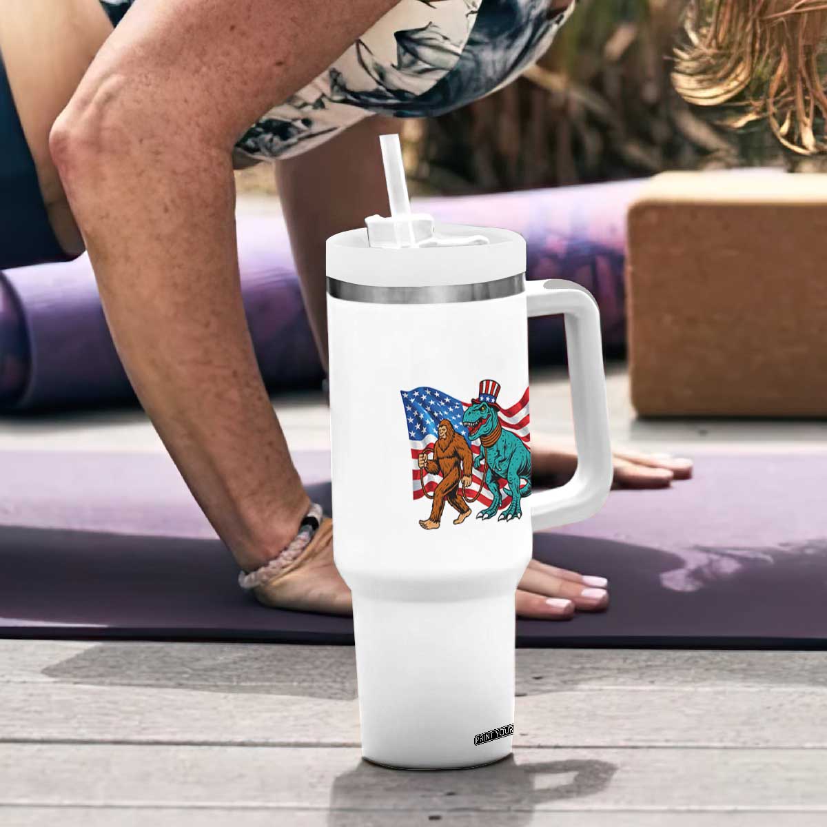 Funny Patriotic Tumbler With Handle Bigfoot Walking Dinosaur With USA Flag TS12 Print Your Wear