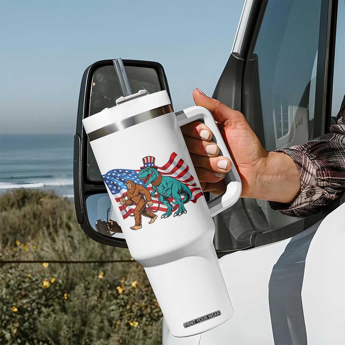 Funny Patriotic Tumbler With Handle Bigfoot Walking Dinosaur With USA Flag TS12 Print Your Wear