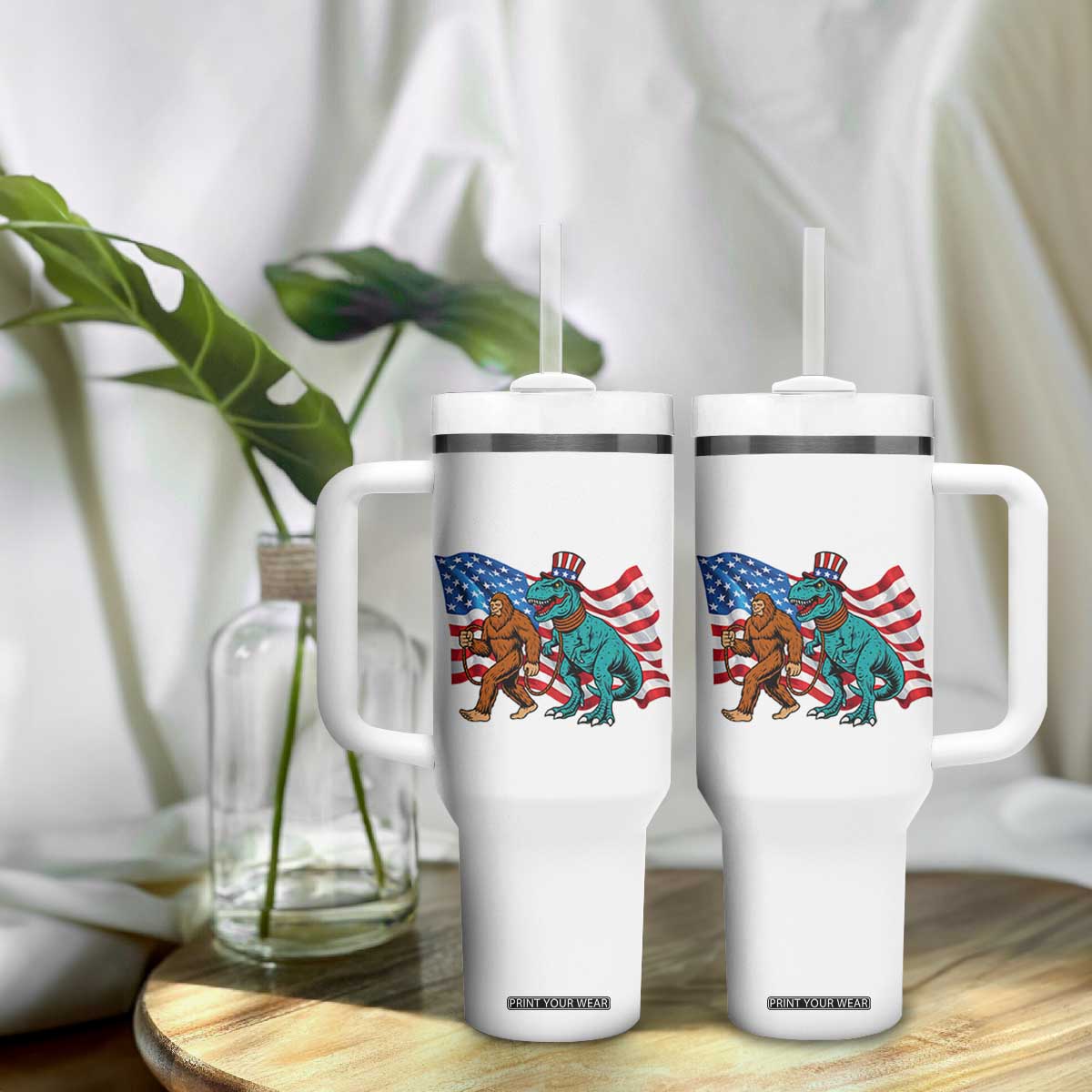Funny Patriotic Tumbler With Handle Bigfoot Walking Dinosaur With USA Flag TS12 Print Your Wear