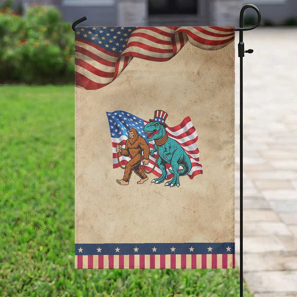 Funny Patriotic Garden Flag Bigfoot Walking Dinosaur With USA Flag TS12 Vintage Rustic Tan Navy Print Your Wear