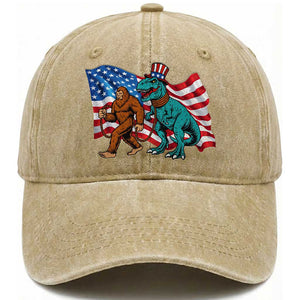 Funny Patriotic Washed Cotton Baseball Cap Bigfoot Walking Dinosaur With USA Flag TS12 Print Your Wear