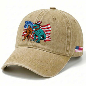 Funny Patriotic Washed Cotton Baseball Cap Bigfoot Walking Dinosaur With USA Flag TS12 Print Your Wear