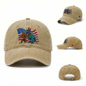 Funny Patriotic Washed Cotton Baseball Cap Bigfoot Walking Dinosaur With USA Flag TS12 Washed Cap Universal Fit Khaki Print Your Wear