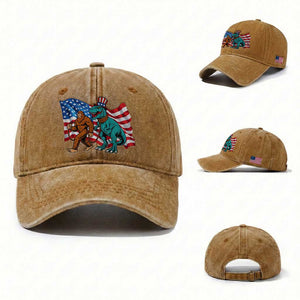 Funny Patriotic Washed Cotton Baseball Cap Bigfoot Walking Dinosaur With USA Flag TS12 Washed Cap Universal Fit Yellow Ochre Print Your Wear