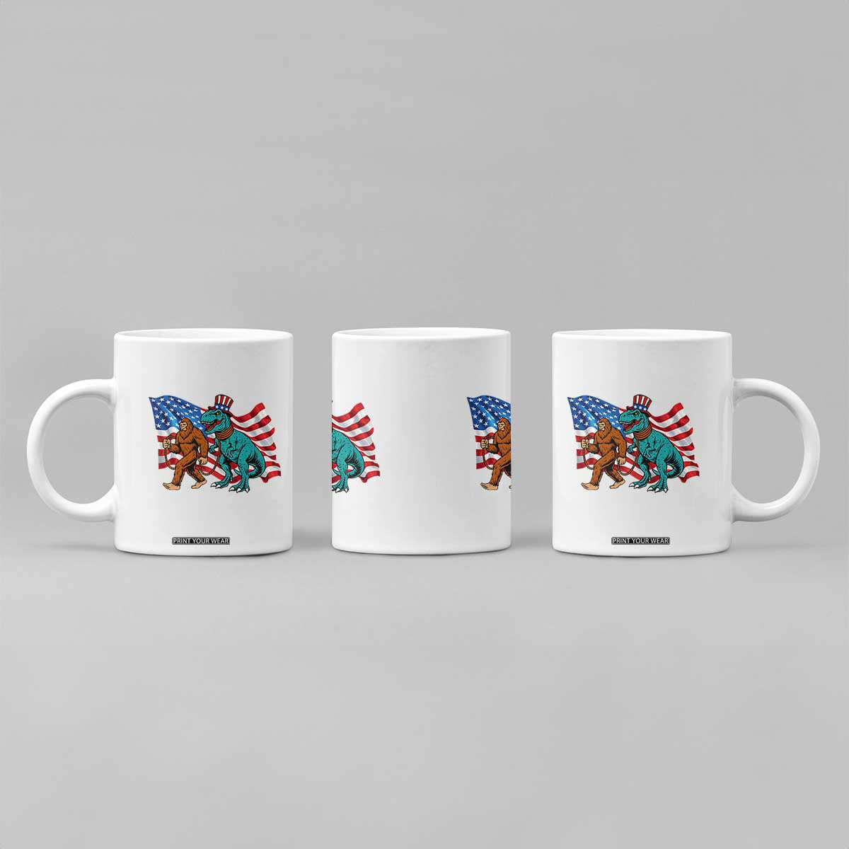 Funny Patriotic Coffee Mug Bigfoot Walking Dinosaur With USA Flag TS12 Print Your Wear