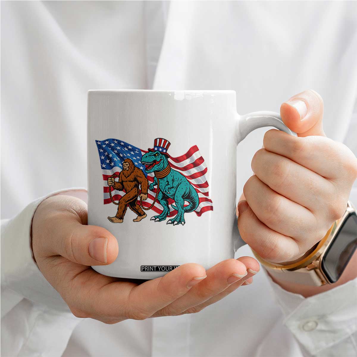 Funny Patriotic Coffee Mug Bigfoot Walking Dinosaur With USA Flag TS12 Print Your Wear
