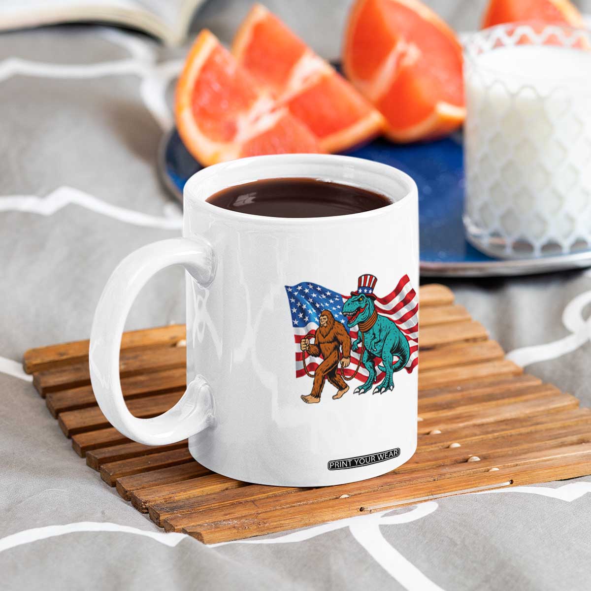 Funny Patriotic Coffee Mug Bigfoot Walking Dinosaur With USA Flag TS12 Print Your Wear