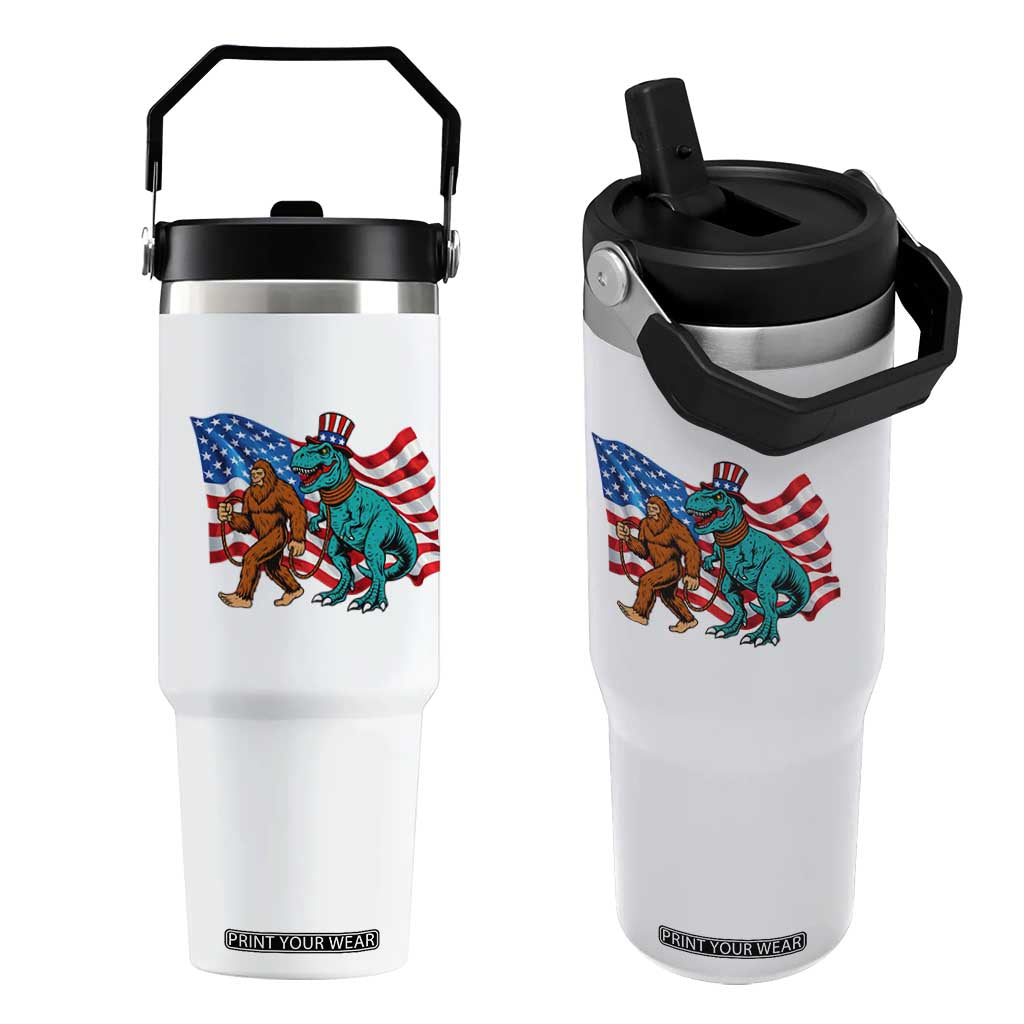 Funny Patriotic Flip Straw Tumbler Bigfoot Walking Dinosaur With USA Flag TS12 One Size: 30 oz White Print Your Wear