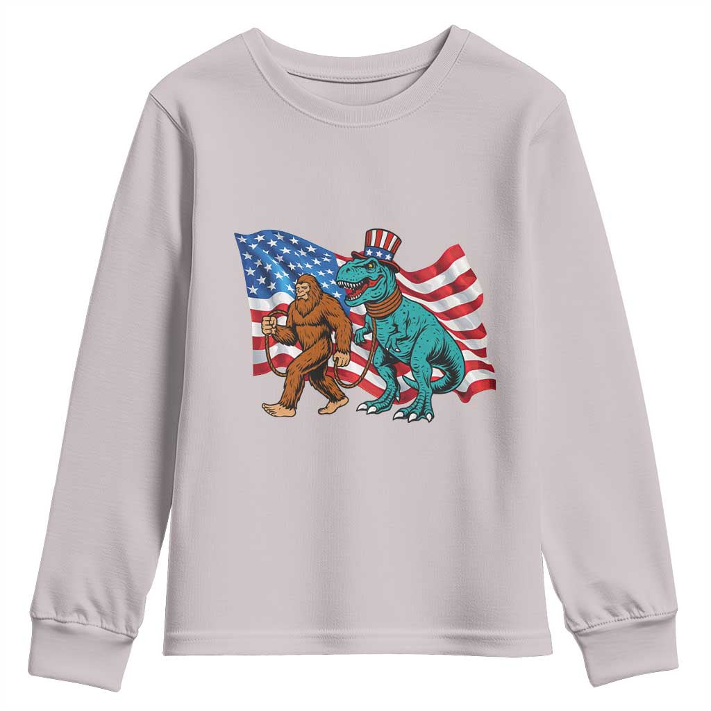 Funny Patriotic Youth Sweatshirt Bigfoot Walking Dinosaur With USA Flag TS12 Ice Gray Print Your Wear