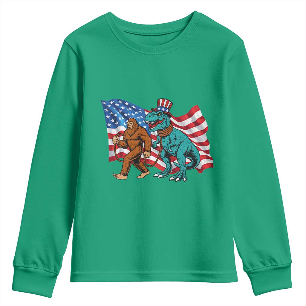 Funny Patriotic Youth Sweatshirt Bigfoot Walking Dinosaur With USA Flag TS12 Irish Green Print Your Wear