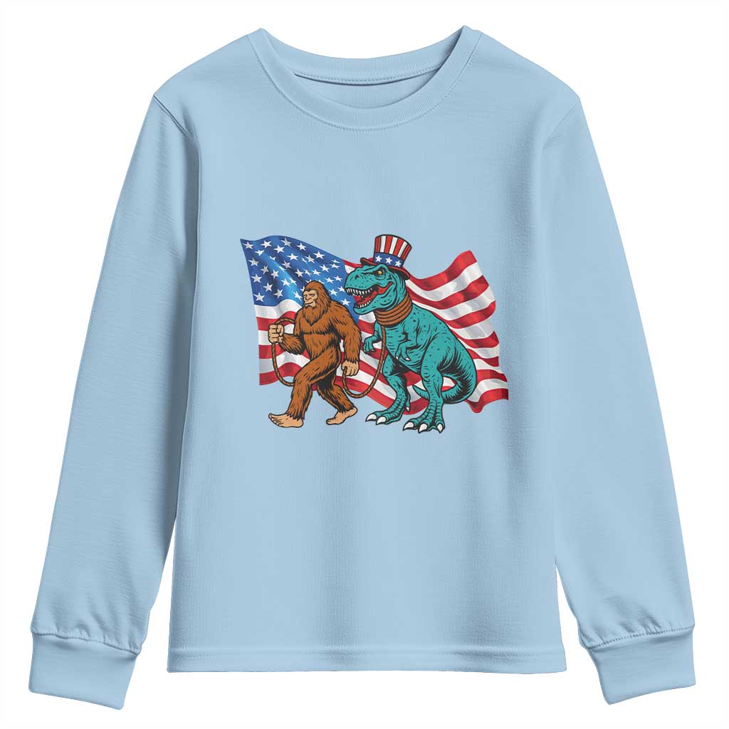Funny Patriotic Youth Sweatshirt Bigfoot Walking Dinosaur With USA Flag TS12 Light Blue Print Your Wear