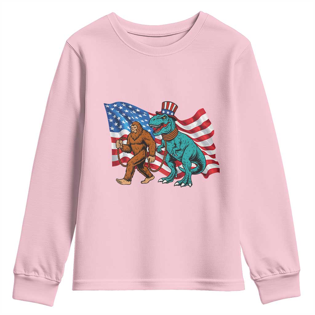 Funny Patriotic Youth Sweatshirt Bigfoot Walking Dinosaur With USA Flag TS12 Light Pink Print Your Wear