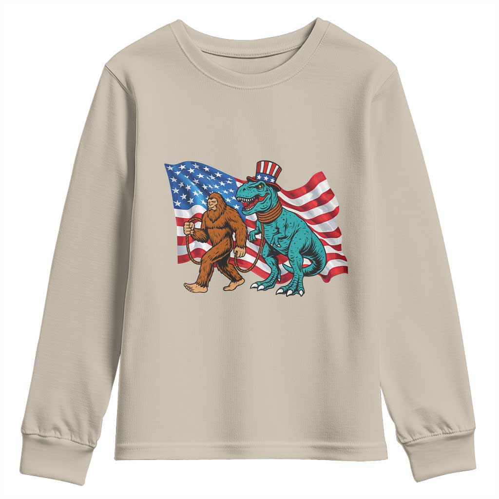 Funny Patriotic Youth Sweatshirt Bigfoot Walking Dinosaur With USA Flag TS12 Sand Print Your Wear