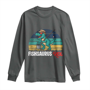Funny Dinosaur Long Sleeve Shirt Fishsaurus Rex Fishing Lover TS12 Dark Heather Print Your Wear