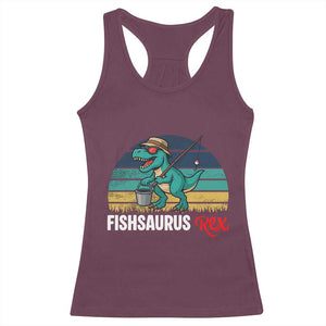 Funny Dinosaur Racerback Tank Top Fishsaurus Rex Fishing Lover TS12 Maroon Print Your Wear