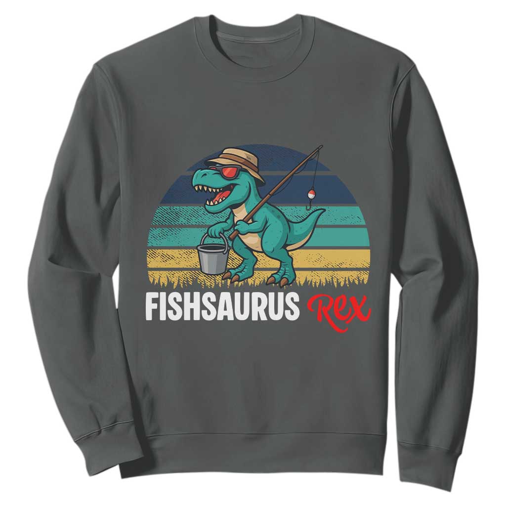 Funny Dinosaur Sweatshirt Fishsaurus Rex Fishing Lover TS12 Dark Heather Print Your Wear