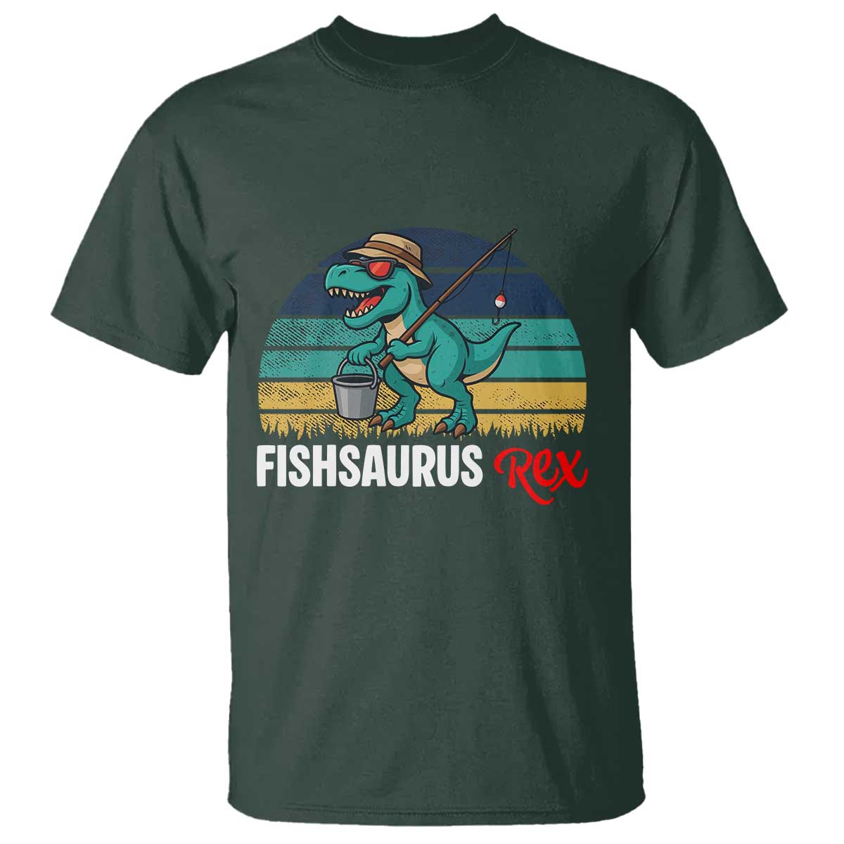 Funny Dinosaur T Shirt Fishsaurus Rex Fishing Lover TS12 Dark Forest Green Print Your Wear