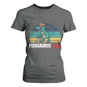 Funny Dinosaur T Shirt For Women Fishsaurus Rex Fishing Lover TS12 Dark Heather Print Your Wear