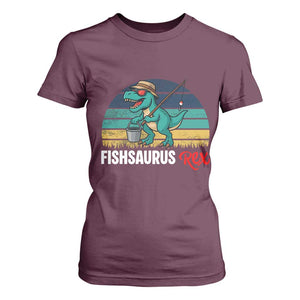 Funny Dinosaur T Shirt For Women Fishsaurus Rex Fishing Lover TS12 Maroon Print Your Wear
