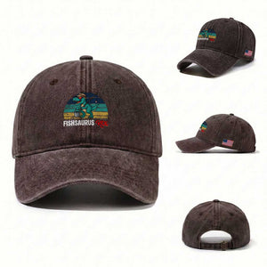 Funny Dinosaur Washed Cotton Baseball Cap Fishsaurus Rex Fishing Lover TS12 Washed Cap Universal Fit Dark Brown Print Your Wear