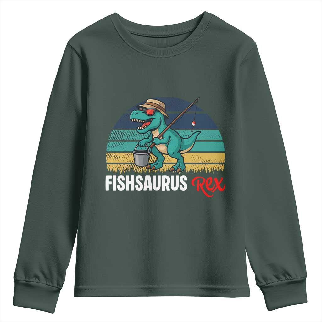 Funny Dinosaur Youth Sweatshirt Fishsaurus Rex Fishing Lover TS12 Dark Forest Green Print Your Wear