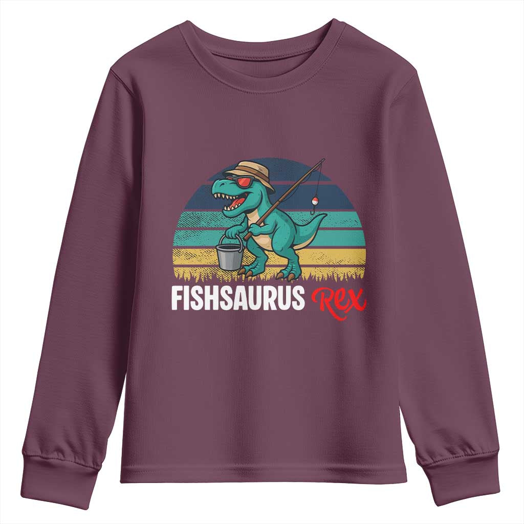 Funny Dinosaur Youth Sweatshirt Fishsaurus Rex Fishing Lover TS12 Maroon Print Your Wear