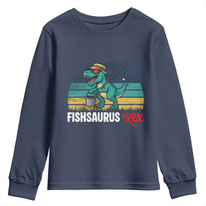 Funny Dinosaur Youth Sweatshirt Fishsaurus Rex Fishing Lover TS12 Navy Print Your Wear