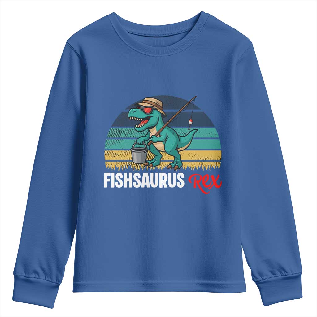 Funny Dinosaur Youth Sweatshirt Fishsaurus Rex Fishing Lover TS12 Royal Blue Print Your Wear