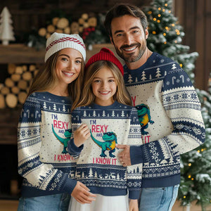 Funny Dinosaur Ugly Christmas Sweater I Am Rexy And I Know It TS12 Beige Navy Print Your Wear