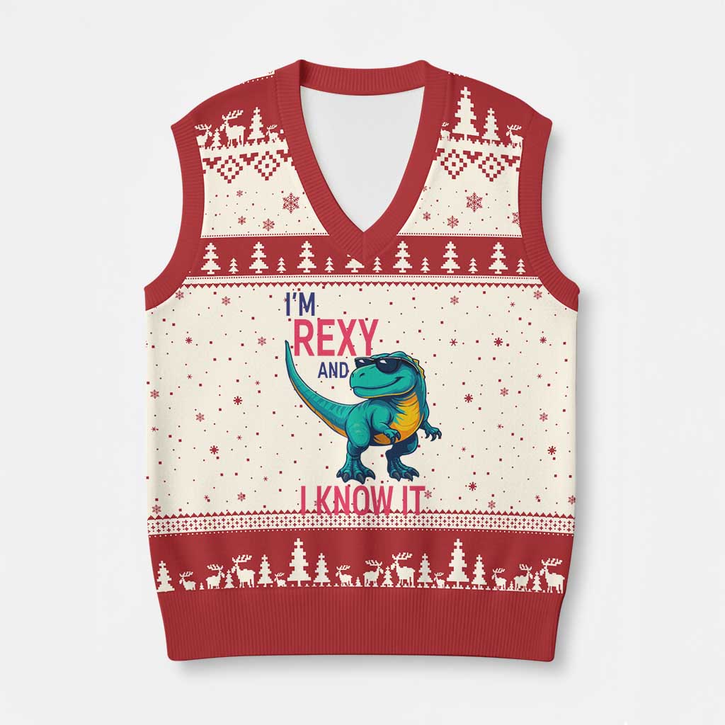 Funny Dinosaur V-Neck Knit Sweater Vest I Am Rexy And I Know It TS12 Beige Red Print Your Wear